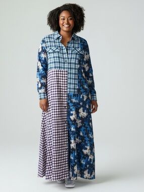 Patchwork Plaid & Print Maxi Shirt Dress - Blue